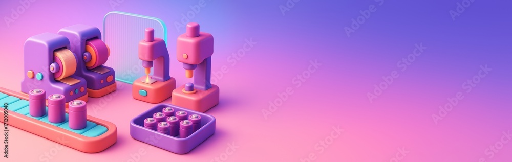 Poster colorful toy-like factory machines and batteries with empty copy space on right, futuristic pastel b