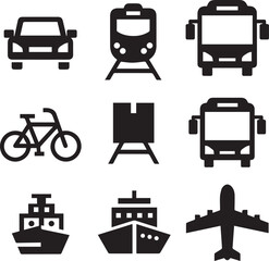 Create Block Transportation, vehicle icon set. Vector glyph pictograms of travel, logistics, public transit concepts, car, train, bus, bicycle, boat, and airplane black silhouette illustration