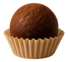 Cocoa-dusted chocolate truffle with a hint of clove aroma, resting in a paper cup.