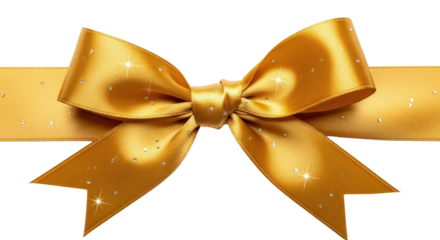 Luxurious Gold Satin Ribbon Bow with Subtle Sparkles Isolated on White Background