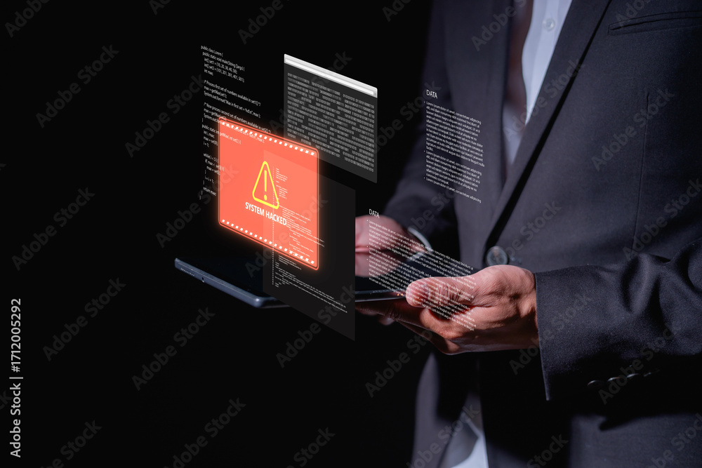 Poster cybersecurity concept with businessman touching digital screen showing system hacked warning, data b