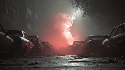 Dystopian Landscape with Crashed Vehicles Dense Fog and Eerie Red Illumination in Abandoned Setting