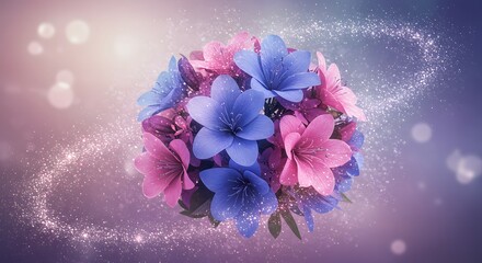 Magical Pink and Blue Flower Ball with Sparkling Dust and Soft Gradient Background