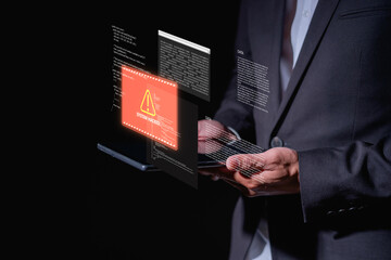 Cybersecurity concept with businessman touching digital screen showing system hacked warning, data breach, and cyber attack alert for online security risk prevention.