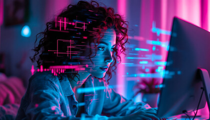Woman Working on Computer with Pink and Blue Digital Data Overlay