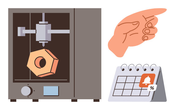 3D printer crafting item, hand gesture suggesting interaction, calendar with alert icon for schedule. Ideal for technology, innovation, planning, manufacturing, scheduling IoT productivity. Simple