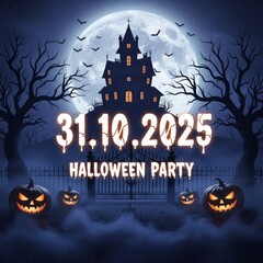 Halloween Party Flyer with Creepy Castle Glowing Pumpkins and Gothic Night Scene Elements