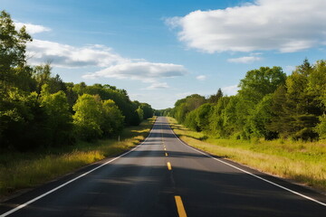 Fototapeta premium A long straight road surrounded by lush green trees under a clear blue sky