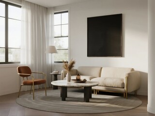 Fototapeta premium Modern living room with minimalist sofa and round rug