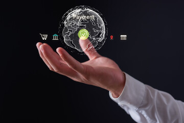 Businessman touching virtual secure payment icon on digital world map, representing online banking, e-commerce, financial technology, cybersecurity global money transactions.