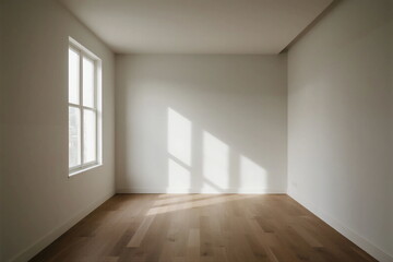 Obraz premium An empty room with white walls and wooden floor and a window