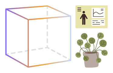 Transparent geometric cube, potted plant with round leaves, and information board featuring a chart, person icon, and stats. Ideal for business, design, innovation, workspace analytics growth