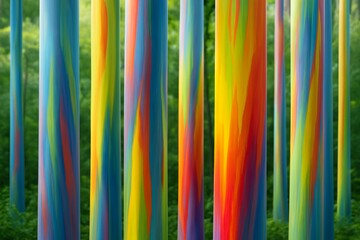Vibrant rainbow-colored abstract tree trunks in stylized forest background with soft natural light, symbolizing diversity and nature harmony. Ai generative