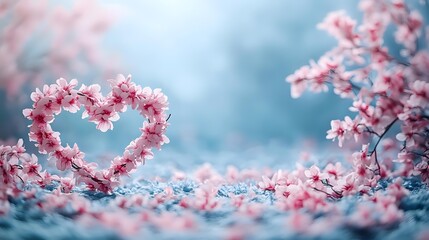 Fototapeta premium Pink cherry blossom branches naturally forming heart shape against blurred turquoise background, romantic spring garden scene with soft bokeh effect.
