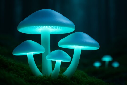 Glowing blue mushrooms emitting bioluminescent light in a dark forest with mystical atmosphere and surreal appearance at night. Ai generative. Ai generative