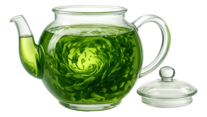 Glass teapot with infused matcha green tea, lid off showing swirling leaves within the clear liquid