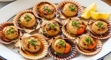 Grilled Scallops in Shells, Delicious Seafood Dish.