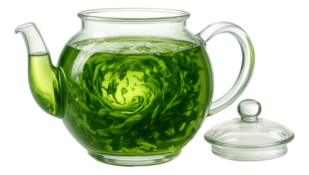 Glass teapot with infused matcha green tea, lid off showing swirling leaves within the clear liquid