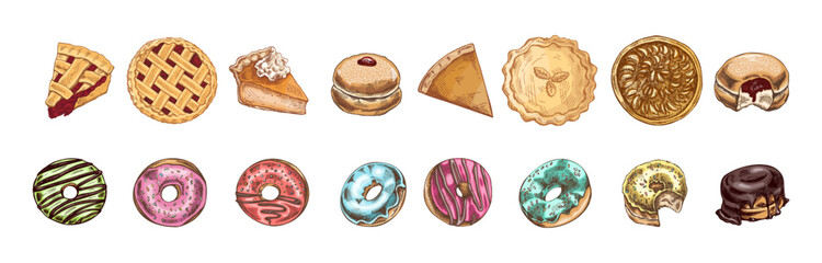 Hand drawn vintage sketch set of pies, pie slices and colorful glazed donuts in sweet dessert bakery collection