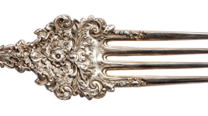 Ornate Silver Antique Fork with Floral Design on Transparent Background