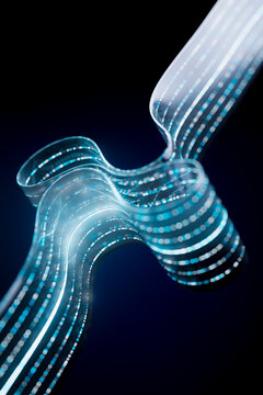 Abstract 3D digital data stream transfer glowing in dark space