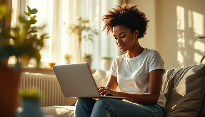 Woman Working on Laptop in Sunlit Room