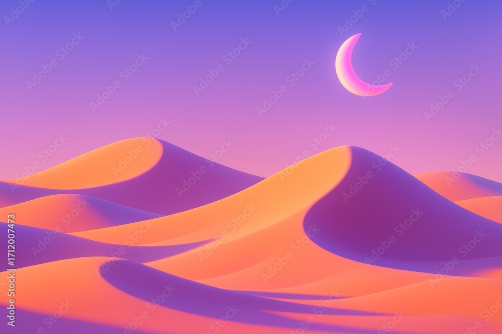 Poster abstract pastel desert landscape with glowing crescent moon and smooth dunes under dreamy twilight s