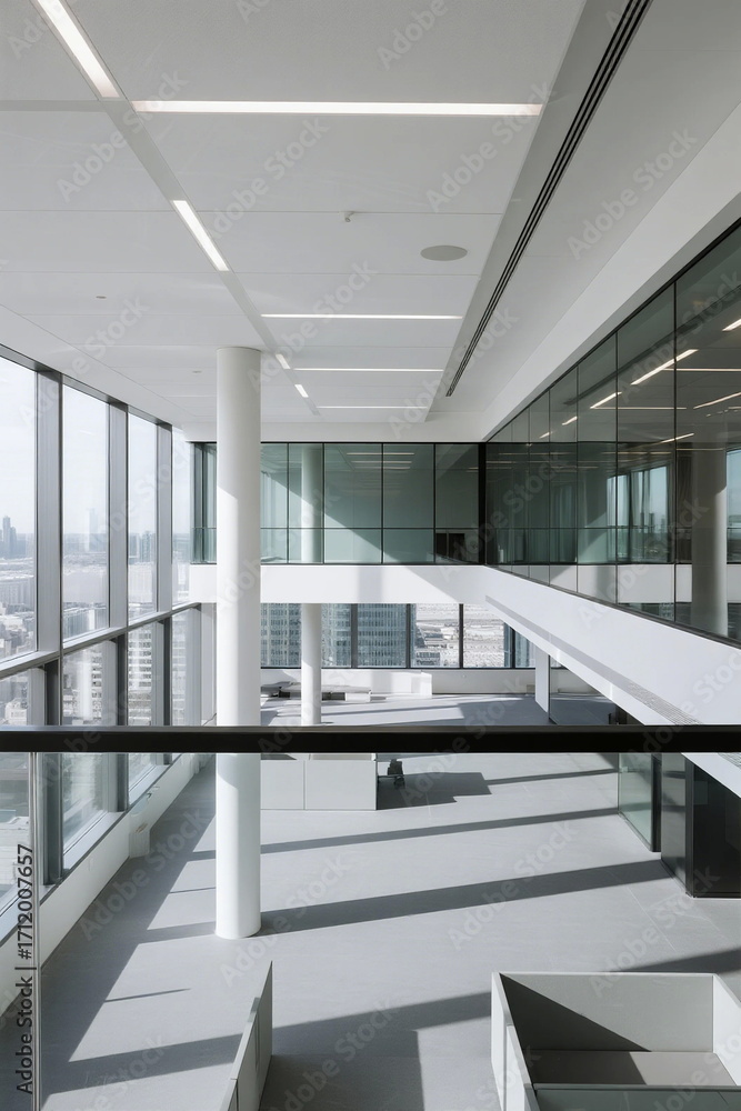 Poster modern office interior with large windows and open spaces