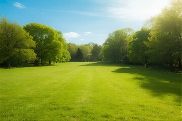 Obraz premium Bright and Lush Green Lawn with Tall Trees Under Clear Sky