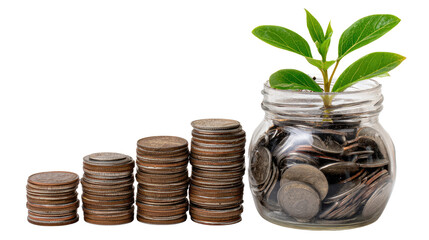A jar filled with coins showcases a growing plant, symbolizing financial growth and investment. Stacked coins represent savings and the potential for prosperity.