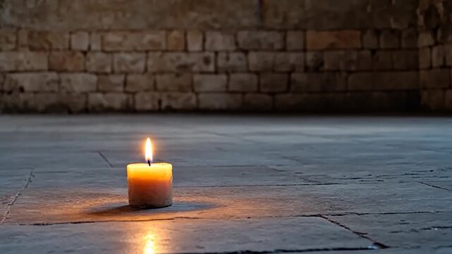 A single candle burns in a dimly lit room.