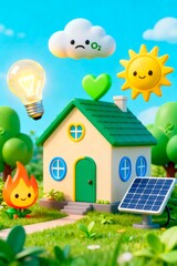 Eco-friendly cartoon cottage surrounded by nature, solar panels, and playful elements, symbolizing sustainable living and renewable energy in a whimsical, colorful landscape
