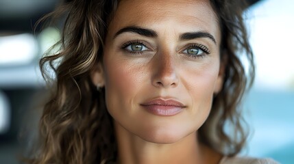 Close up portrait of Mediterranean woman with natural makeup, curly brown hair and confident smile looking at camera against blurred background.