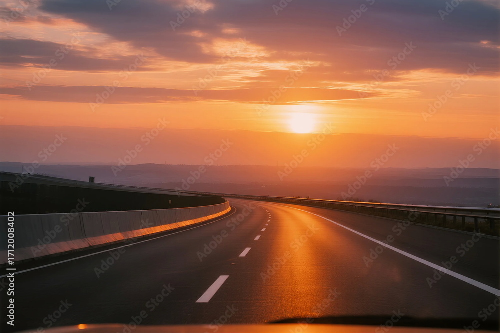 Poster sunset view of an empty highway under a colorful sky