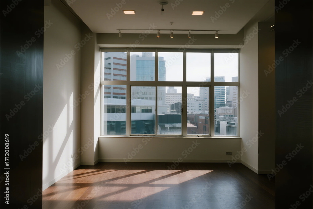 Poster spacious empty room with large windows overlooking cityscape