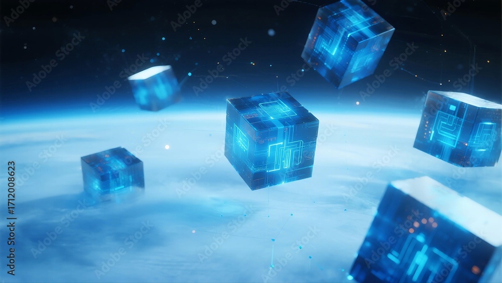 Poster floating digital cubes in outer space with cloud background