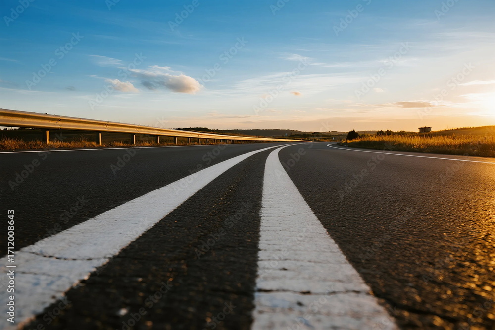 Poster Sunset view of an empty highway with clear white lines
