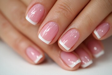 Nails are elegantly manicured with a classic French tip design featuring soft pink and clean white colors, suitable for casual or formal events