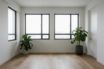 Obraz premium Bright and empty room with large windows and indoor plants