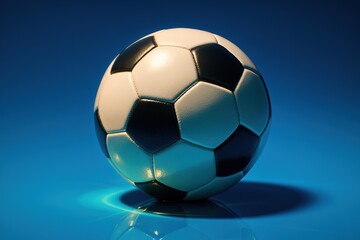 Naklejka premium Soccer ball on teal background with dramatic lighting. Use for modern sports campaigns, product promotion, branding, and sleek design projects. 
