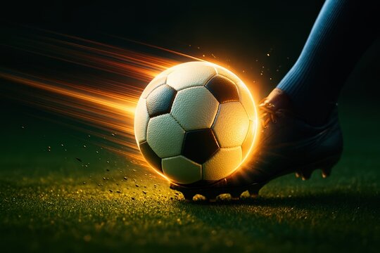 Soccer ball being kicked with glowing motion trails and speed effect. Great for sports promotions, athletic advertising, motivational graphics, and energy campaigns.