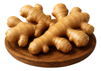 Ginger root pieces displayed on a rustic wooden platter for homemade ginger ale preparation