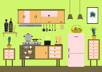 Colored flat design illustration of kitchen background with classical decor
