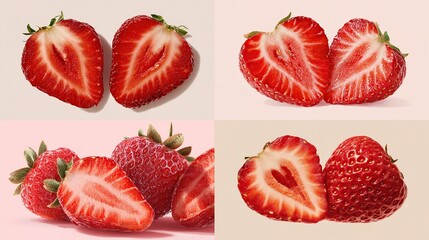 Sliced strawberries showcase their red flesh and seeds against varied backgrounds