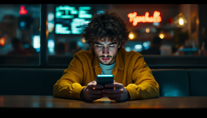 Young Man Using Smartphone in Dimly Lit Restaurant