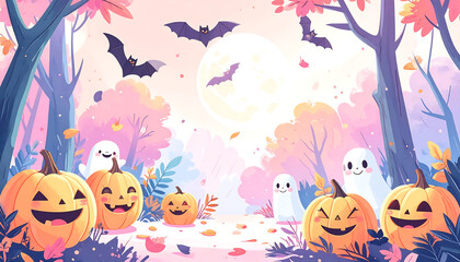 Cute pastel haunted forest with smiling pumpkins and friendly bats