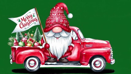 Christmas gnome with red truck, festive hat, white beard, holding Merry Christmas flag, carrying holiday gifts and decorated trees, joyful winter holiday scene, green background, ornaments - Powered by Adobe