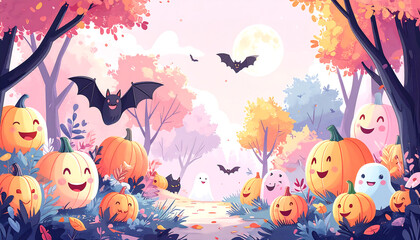 Cute pastel haunted forest with smiling pumpkins and friendly bats
