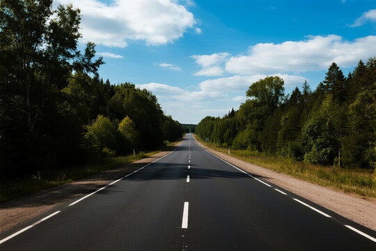 A long asphalt road surrounded by lush green trees under a clear blue sky