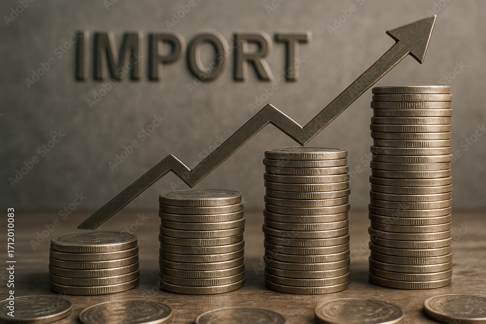 Poster import rate concept. growth in imports represented by stacked coins and an upward arrow.